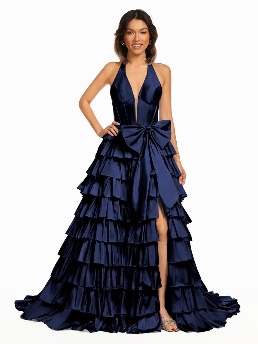 Iridium | Halter A-Line Blue Satin Long Ruffled Prom Dress With Slit
