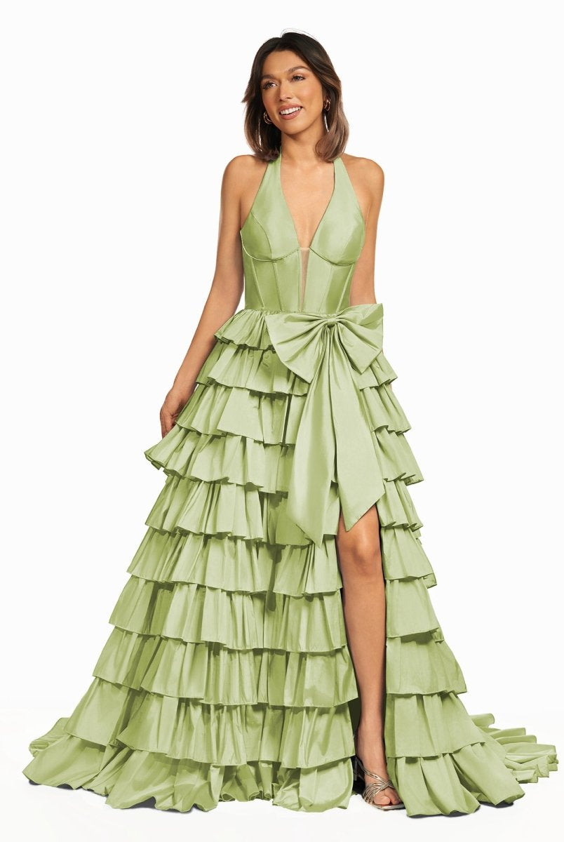 Iridium | Halter A-Line Blue Satin Long Ruffled Prom Dress With Slit