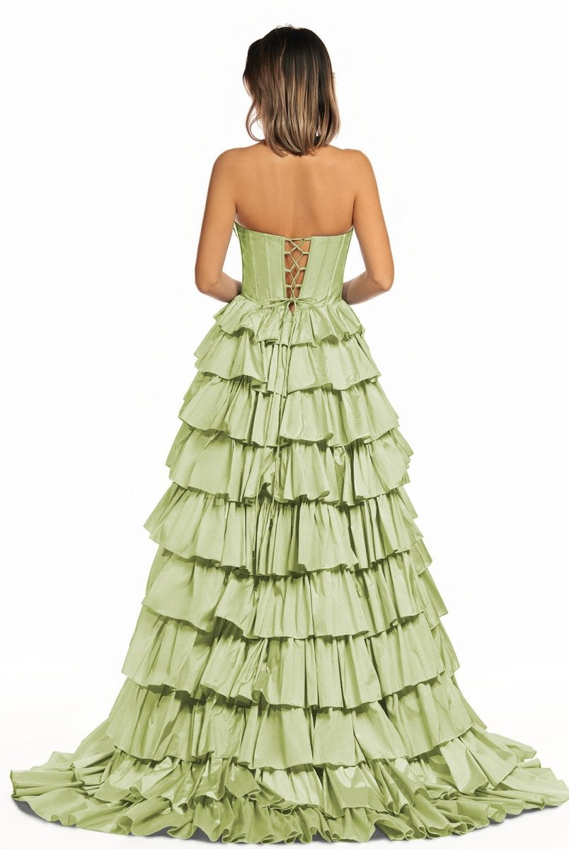 Iridium | Halter A-Line Blue Satin Long Ruffled Prom Dress With Slit