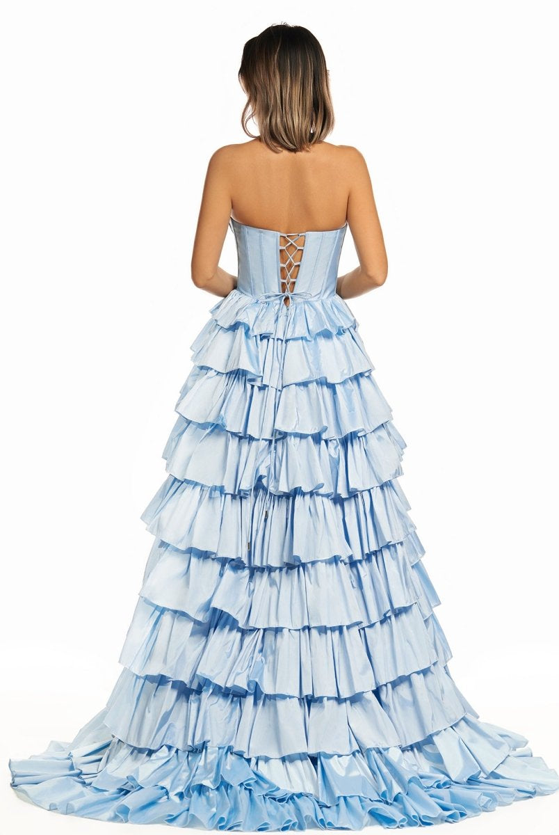 Iridium | Halter A-Line Blue Satin Long Ruffled Prom Dress With Slit