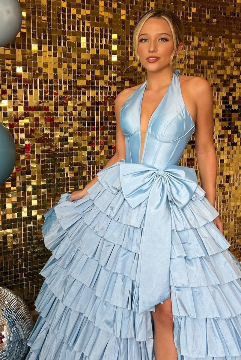 Iridium | Halter A-Line Blue Satin Long Ruffled Prom Dress With Slit