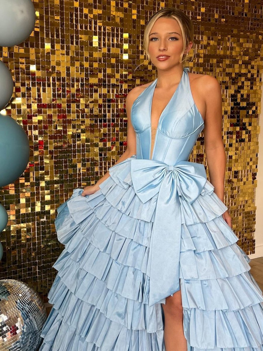 Iridium | Halter A-Line Blue Satin Long Ruffled Prom Dress With Slit