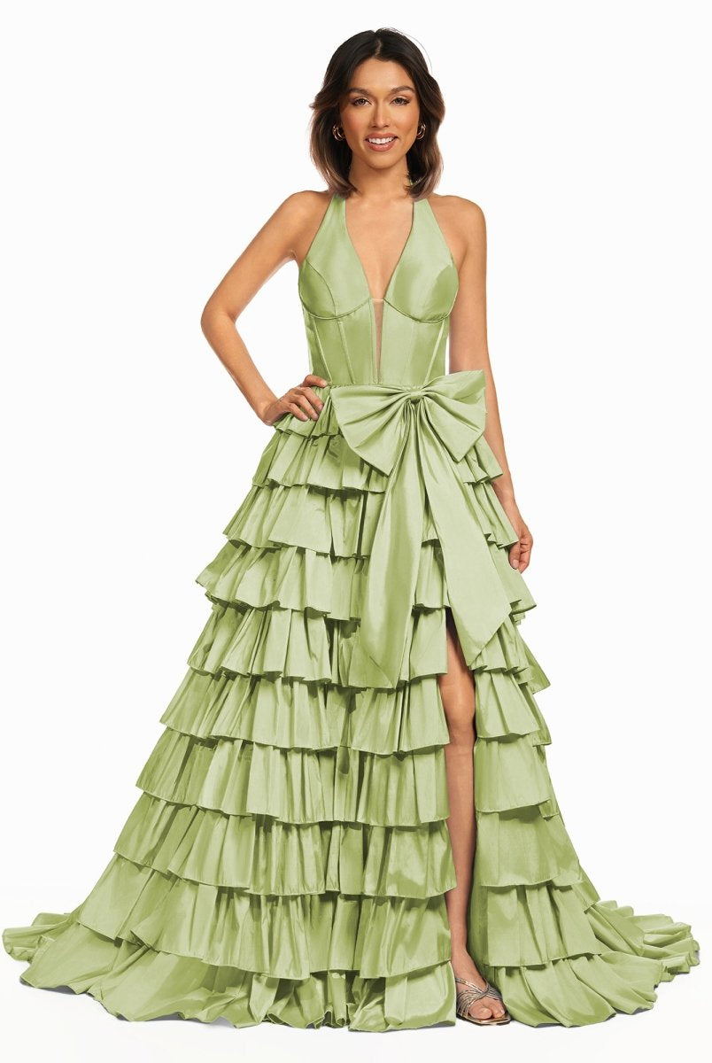 Iridium | Halter A-Line Blue Satin Long Ruffled Prom Dress With Slit