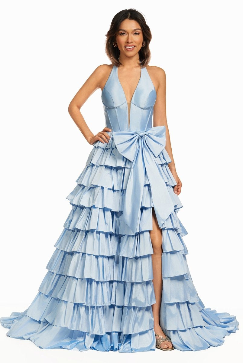 Iridium | Halter A-Line Blue Satin Long Ruffled Prom Dress With Slit