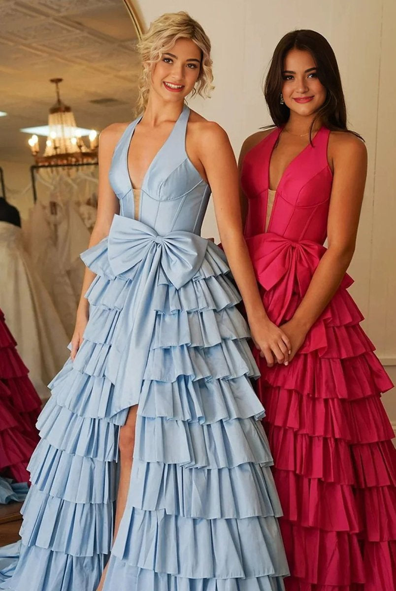 Iridium | Halter A-Line Blue Satin Long Ruffled Prom Dress With Slit