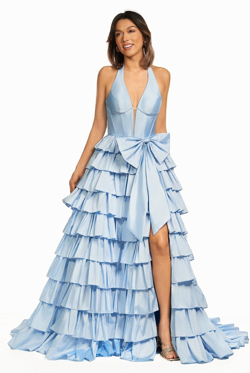 Iridium | Halter A-Line Blue Satin Long Ruffled Prom Dress With Slit