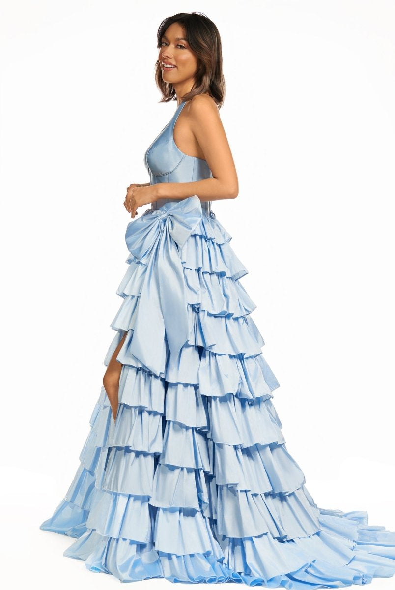 Iridium | Halter A-Line Blue Satin Long Ruffled Prom Dress With Slit