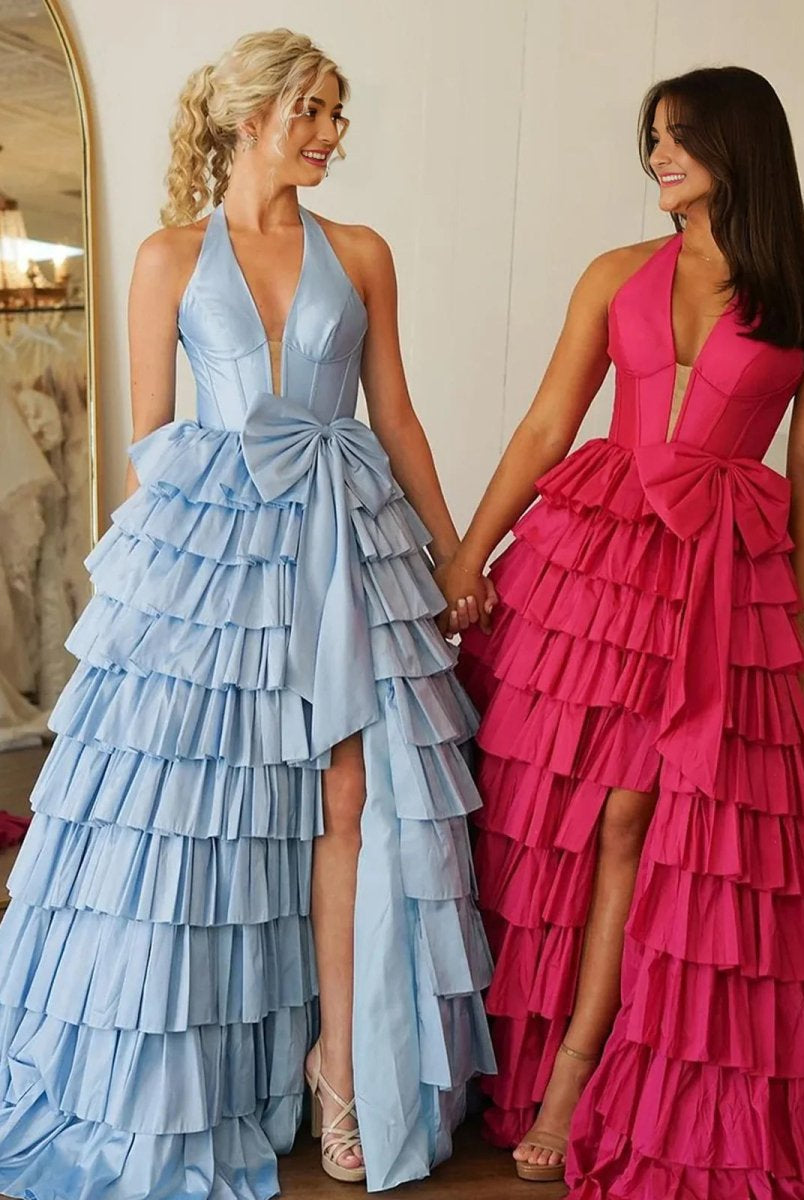 Iridium | Halter A-Line Blue Satin Long Ruffled Prom Dress With Slit
