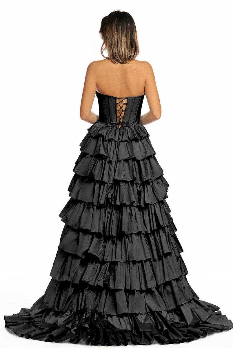 Iridium | Halter A-Line Blue Satin Long Ruffled Prom Dress With Slit