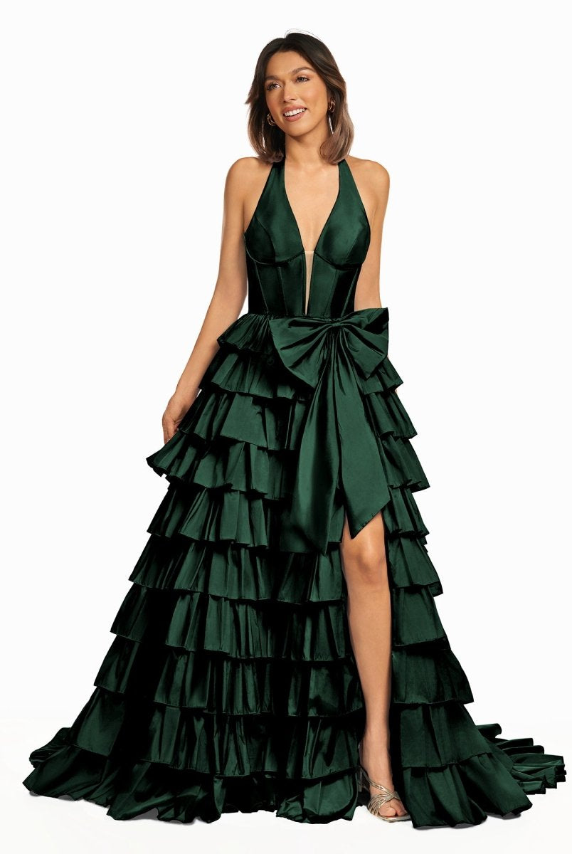 Iridium | Halter A-Line Blue Satin Long Ruffled Prom Dress With Slit