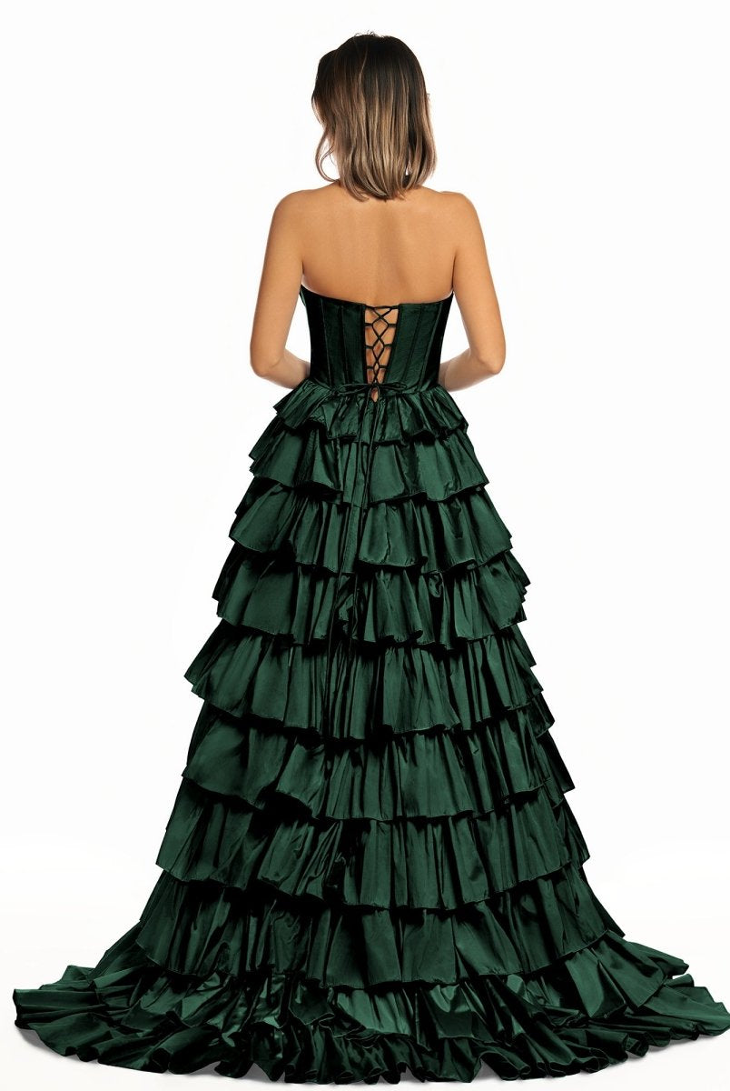 Iridium | Halter A-Line Blue Satin Long Ruffled Prom Dress With Slit