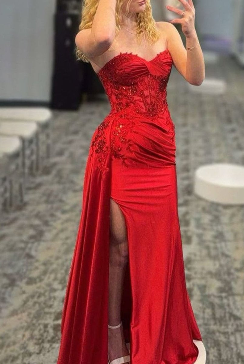 Irmeli | Mermaid Sweetheart Red Slit Long Prom Dresses with Appliques - KissProm