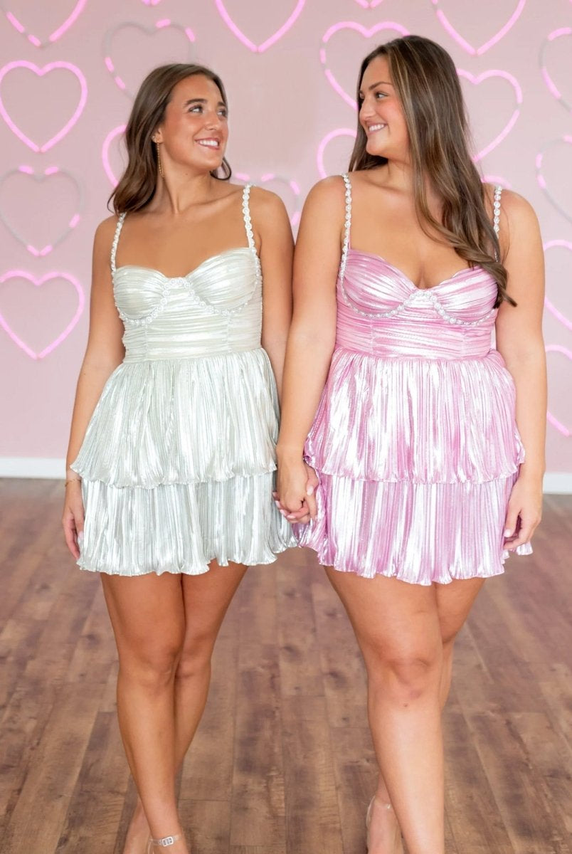 Isabeau | Pink - Spaghetti Straps A Line Metallic Pleated Short Homecoming Dresses With Beading