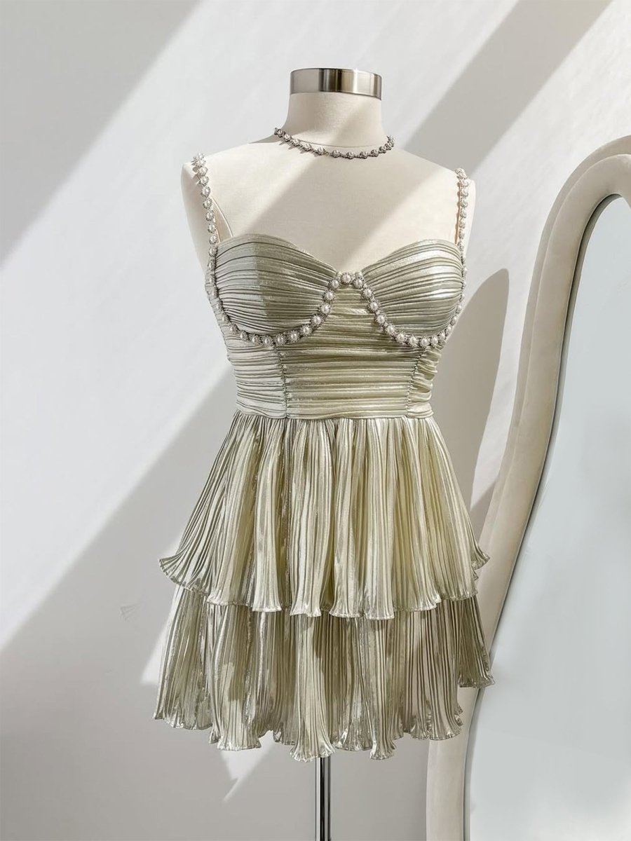 Gold - Spaghetti Straps A Line Metallic Pleated Short Homecoming Dresses with Beading, Gold / 4 Gold - Spaghetti Straps A Line Metallic Pleated Short Homecoming Dresses with Beading, Gold / 4