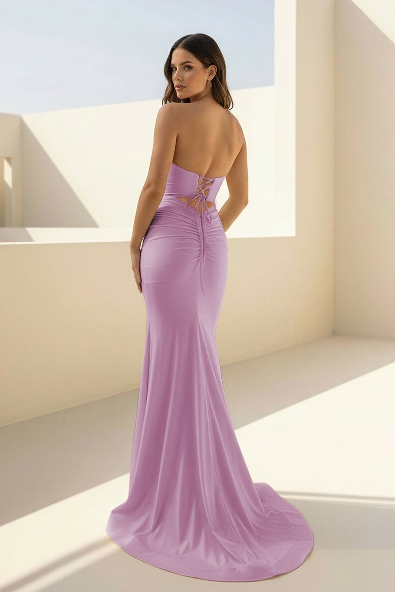 Isalyn | Yellow - Strapless Mermaid Satin Long Prom Dresses With Cutout - KissProm