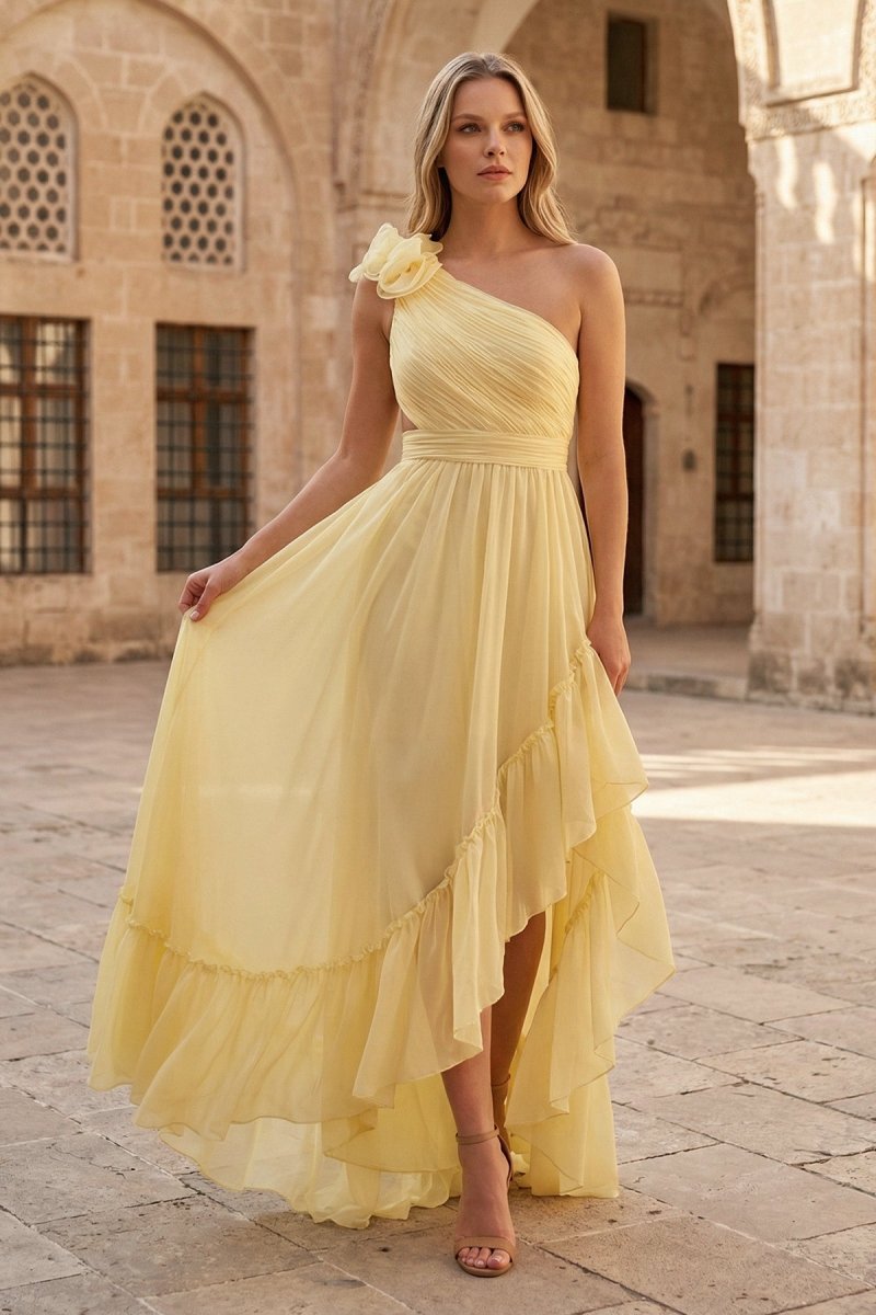 Light Yellow A-line One Shoulder Lace-Up Pleated Ruffle High-Low Prom Light Yellow A-line One Shoulder Lace-Up Pleated Ruffle High-Low Prom