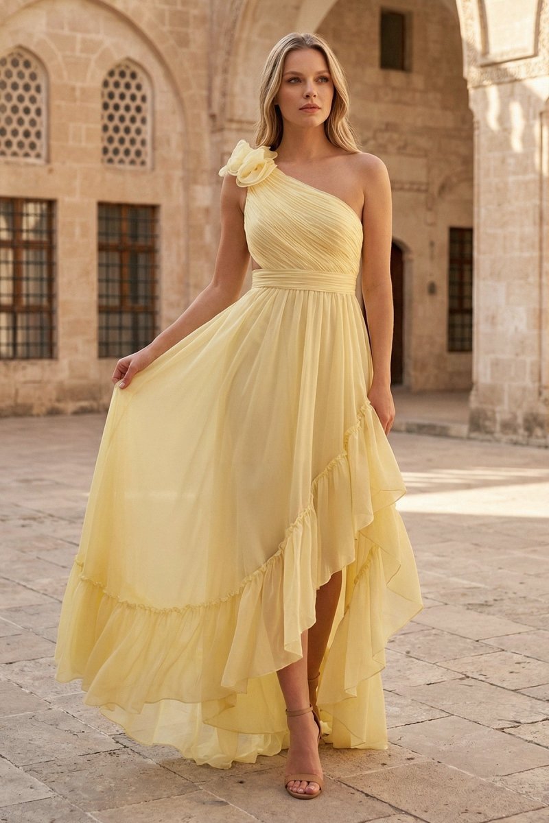 KissProm Light Yellow A-line One Shoulder Lace-Up Pleated Ruffle High-Low Prom Dress, Yellow / Custom Size