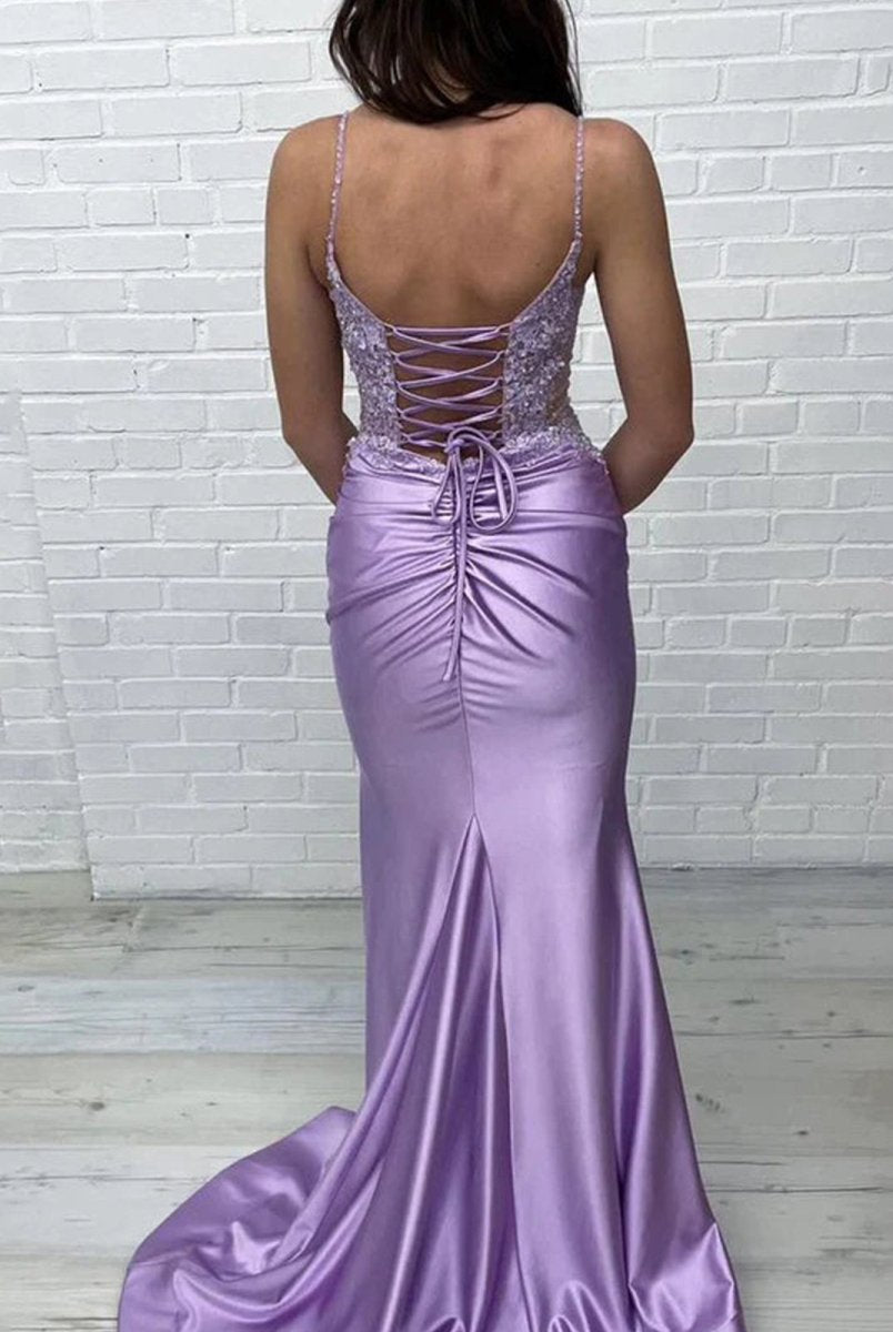 Iskander | Mermaid V Neck Lavender Satin Long Prom Dresses with Appliques