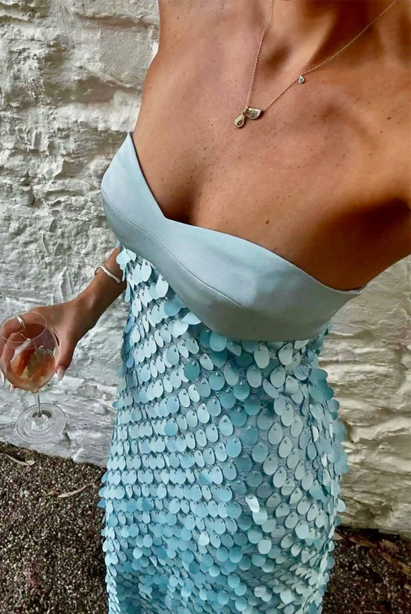 Islen | Blue - Sheath Strapless Long Prom Dresses with Sequins - KissProm