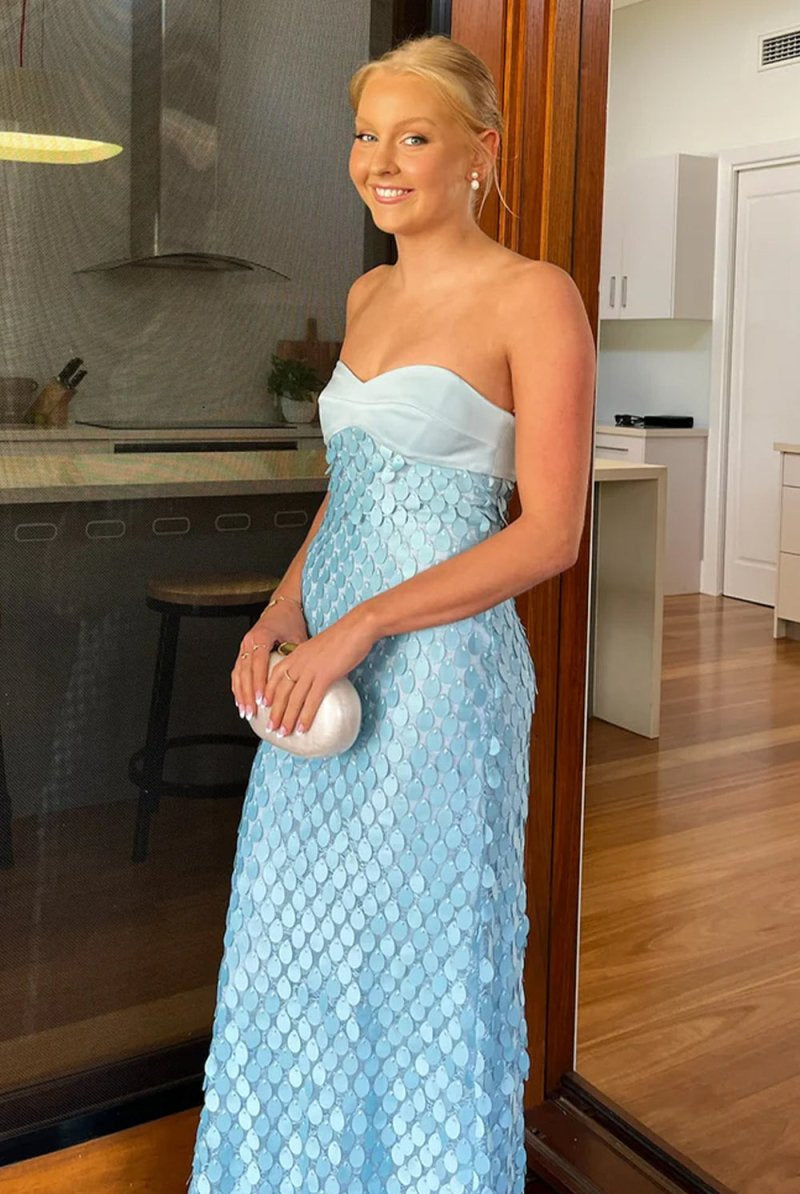 Islen | Blue - Sheath Strapless Long Prom Dresses with Sequins - KissProm