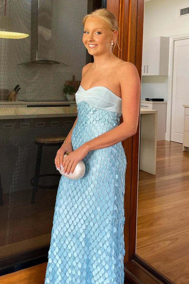 Islen | Blue - Sheath Strapless Long Prom Dresses with Sequins - KissProm