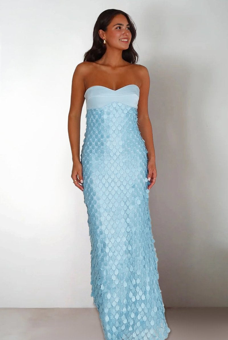 Islen | Blue - Sheath Strapless Long Prom Dresses with Sequins - KissProm