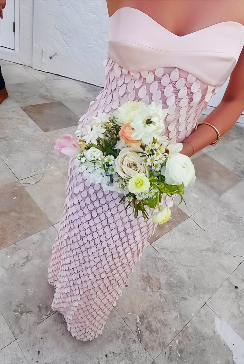 Islen | Pink - Sheath Strapless Long Prom Dresses with Sequins - KissProm