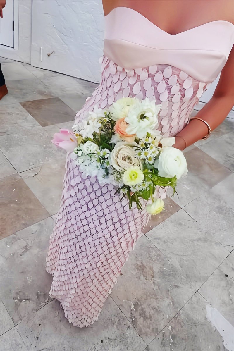 Islen | Pink - Sheath Strapless Long Prom Dresses with Sequins - KissProm