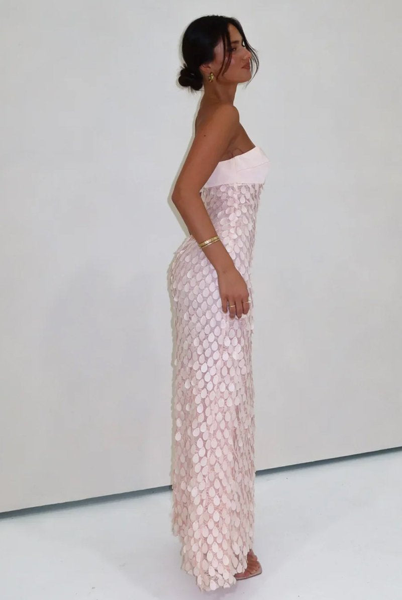 Islen | Pink - Sheath Strapless Long Prom Dresses with Sequins - KissProm