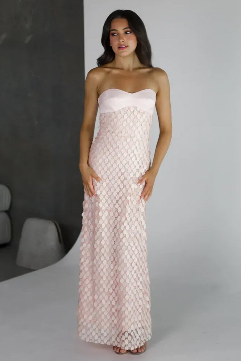 Islen | Pink - Sheath Strapless Long Prom Dresses with Sequins - KissProm