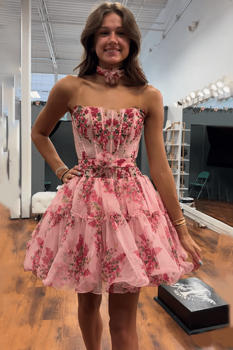 Ismeria | Pink - Strapless A-Line Floral Short Homecoming Dresses With Ruffles