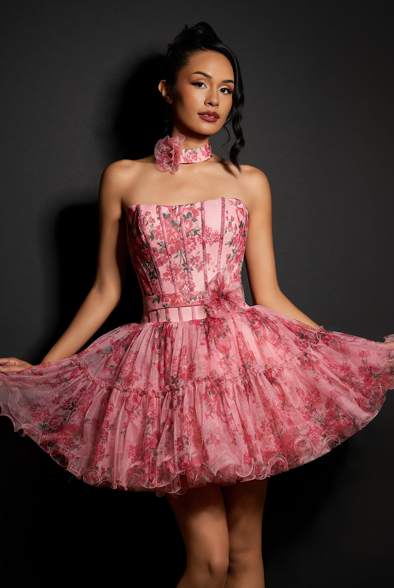 Ismeria | Pink - Strapless A-Line Floral Short Homecoming Dresses With Ruffles