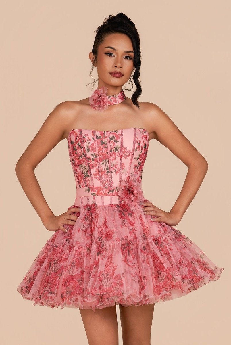 Ismeria | Pink - Strapless A-Line Floral Short Homecoming Dresses With Ruffles