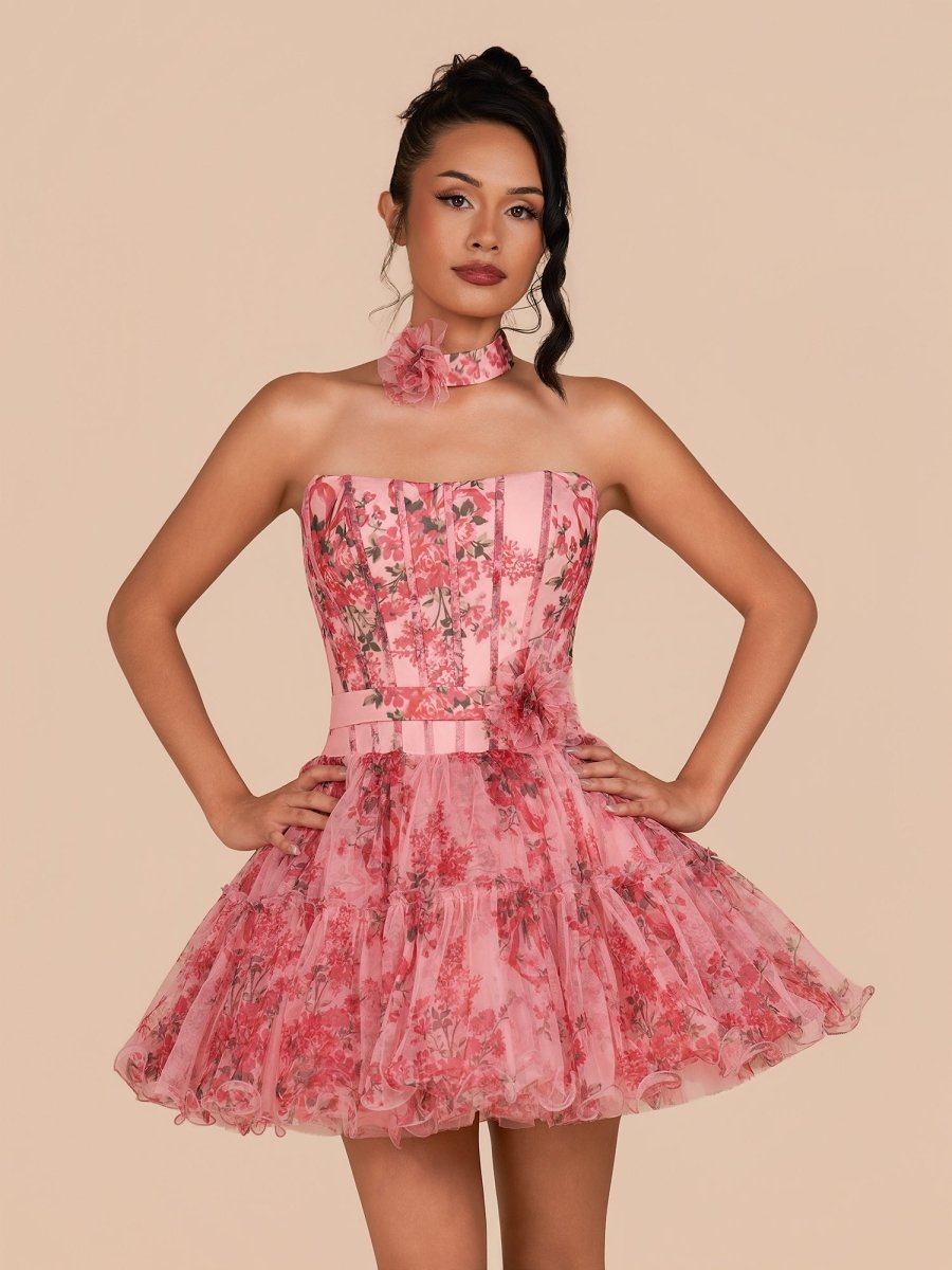 Ismeria | Pink - Strapless A-Line Floral Short Homecoming Dresses With Ruffles