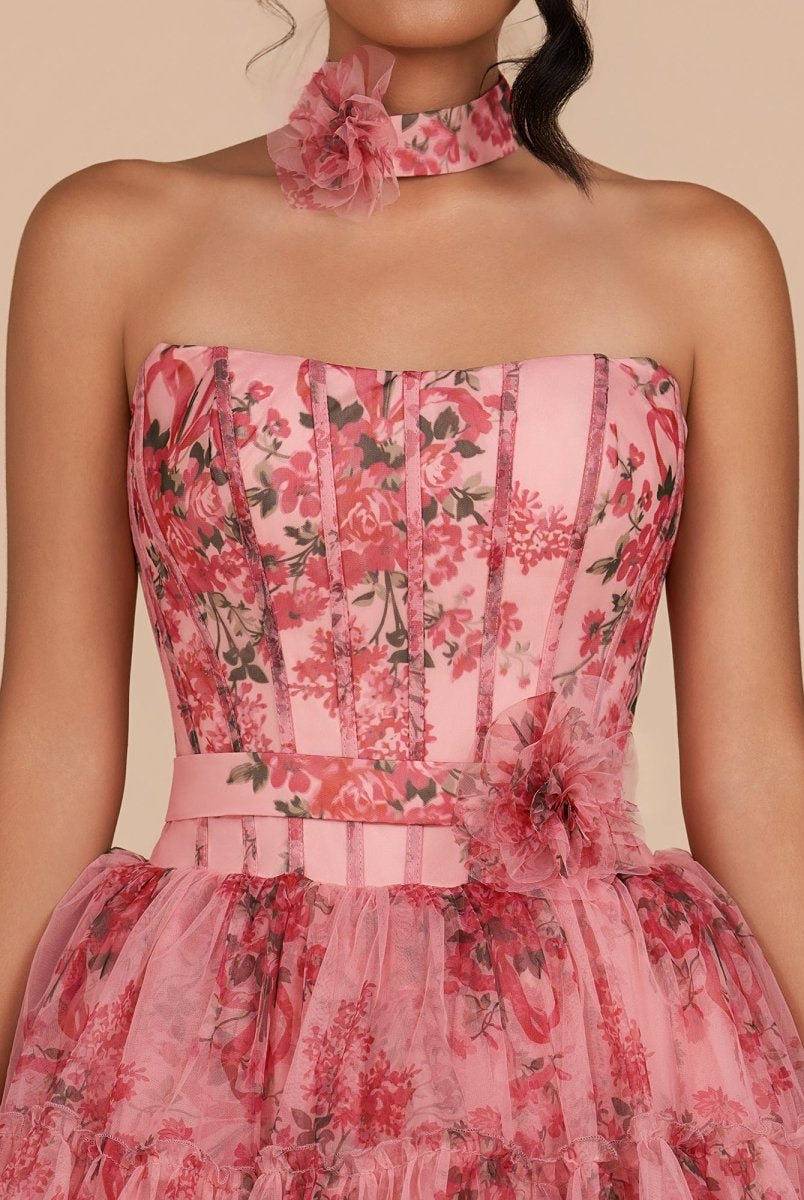 Ismeria | Pink - Strapless A-Line Floral Short Homecoming Dresses With Ruffles