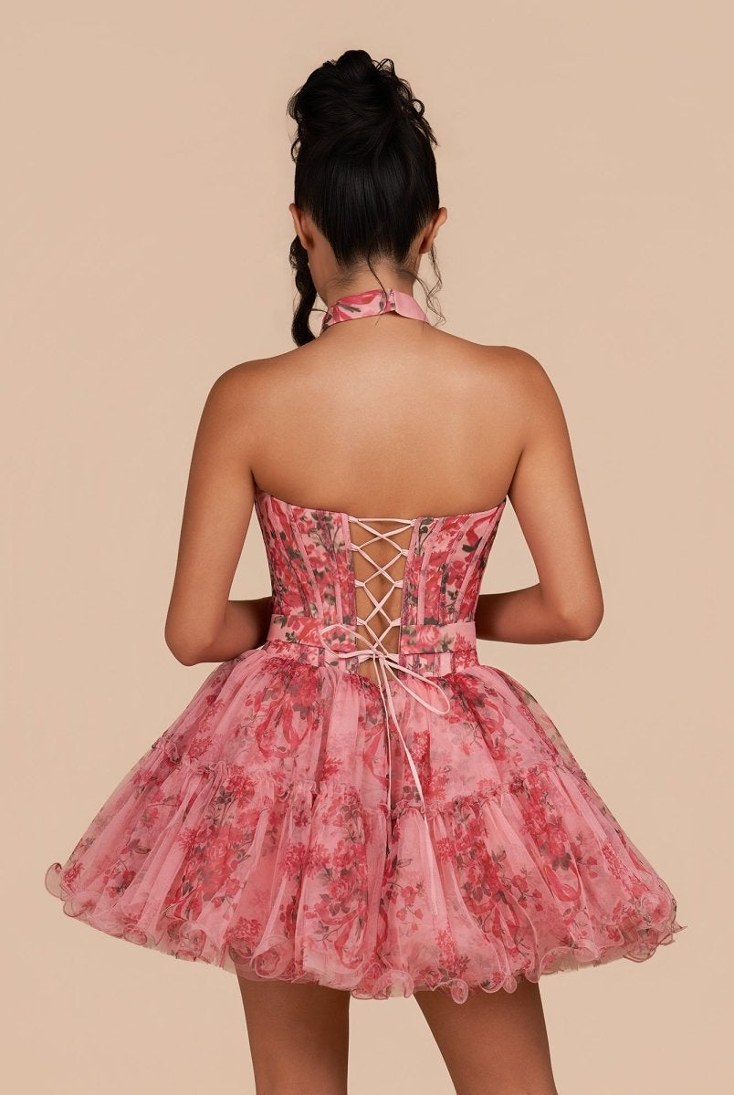 Ismeria | Pink - Strapless A-Line Floral Short Homecoming Dresses With Ruffles