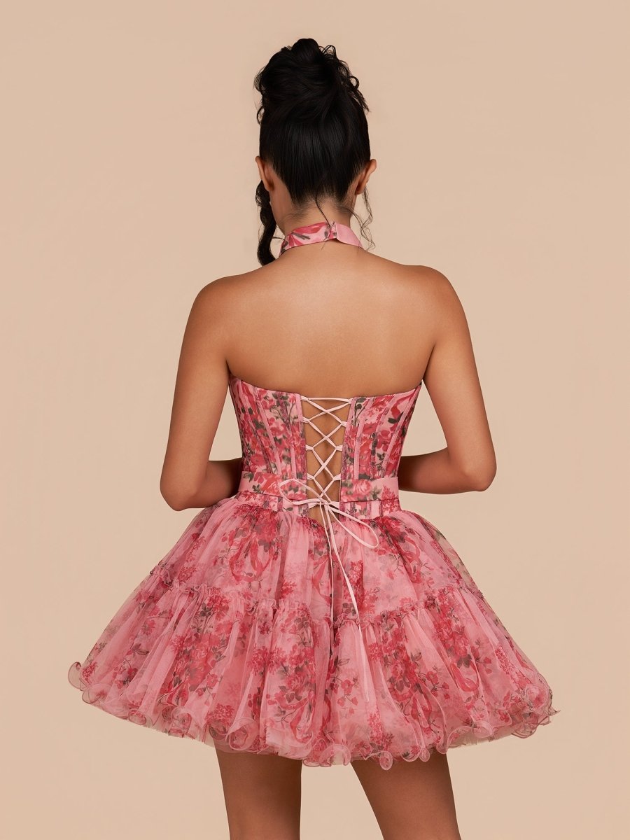 Ismeria | Pink - Strapless A-Line Floral Short Homecoming Dresses With Ruffles