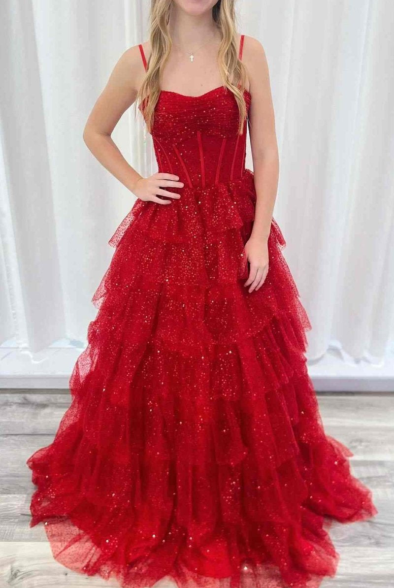 Isoline | Gorgeous Sparkle Tulle Red Spaghetti Straps Ruched Prom Dress - KissProm