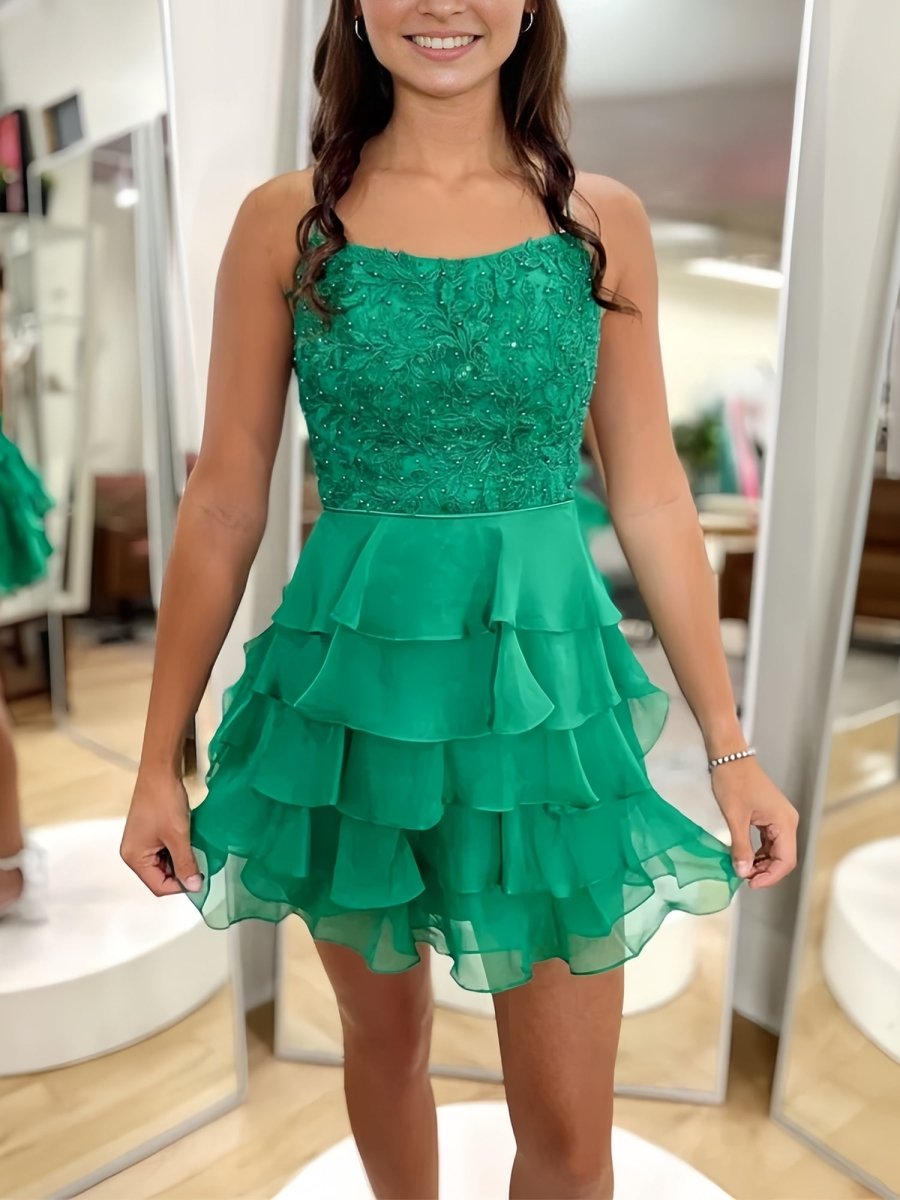 Ivalisse | Green - Spaghetti Straps A Line Chiffon Ruffles Homecoming Dresses With Appliques