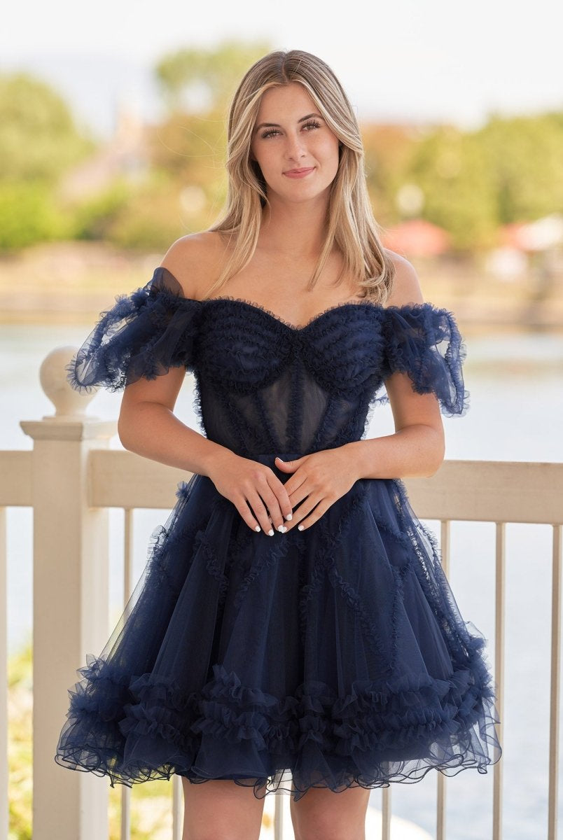 Naomi | A Line Sweetheart Puff Sleeves Short Homecoming Dress With Ruffles