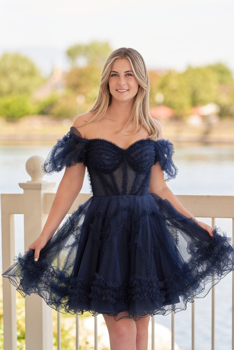 Naomi | A Line Sweetheart Puff Sleeves Short Homecoming Dress With Ruffles