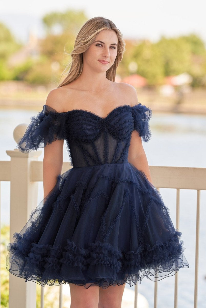 Naomi | A Line Sweetheart Puff Sleeves Short Homecoming Dress With Ruffles