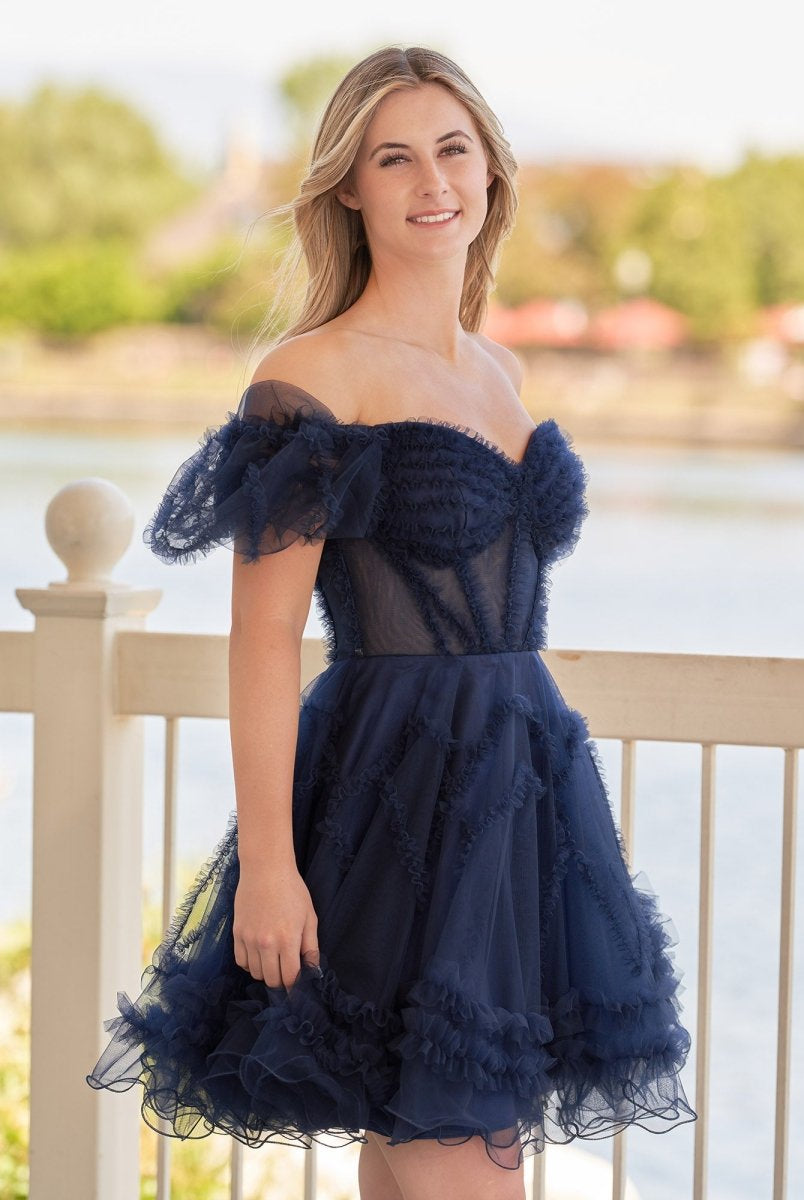 Naomi | A Line Sweetheart Puff Sleeves Short Homecoming Dress With Ruffles