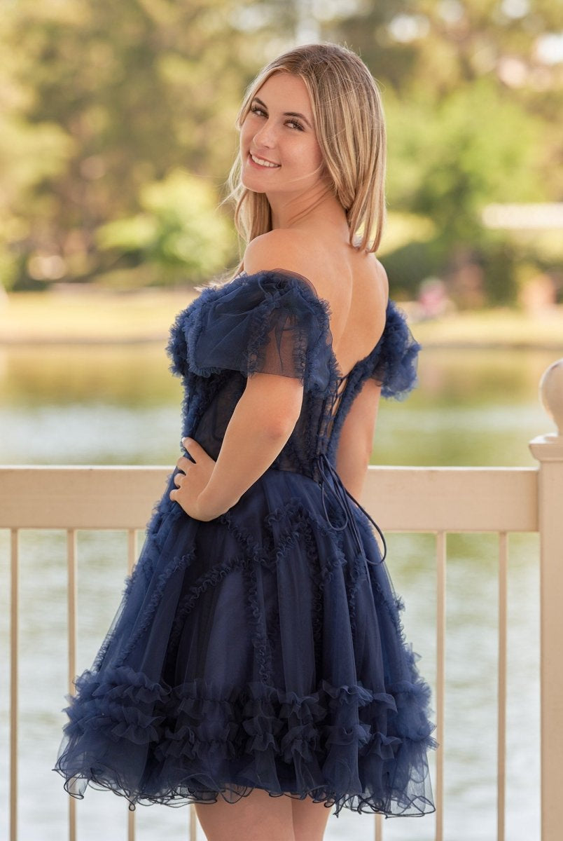 Naomi | A Line Sweetheart Puff Sleeves Short Homecoming Dress With Ruffles