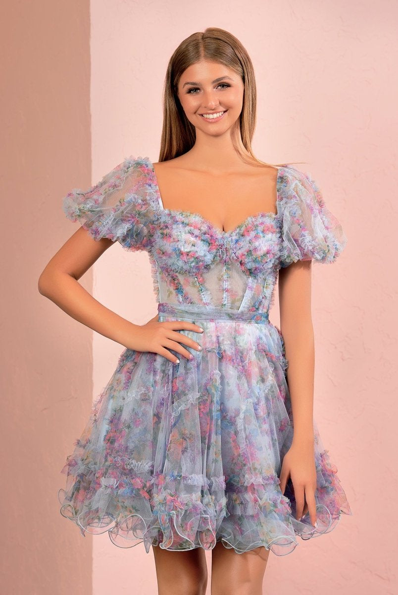 Ivana | Sky Blue A Line Off the Shoulder Printed Homecoming Dress