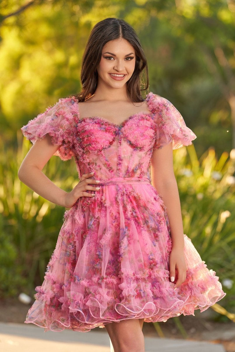Ivana | Pink A Line Off the Shoulder Printed Homecoming Dress