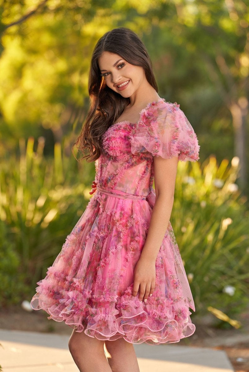 Ivana | Pink A Line Off the Shoulder Printed Homecoming Dress