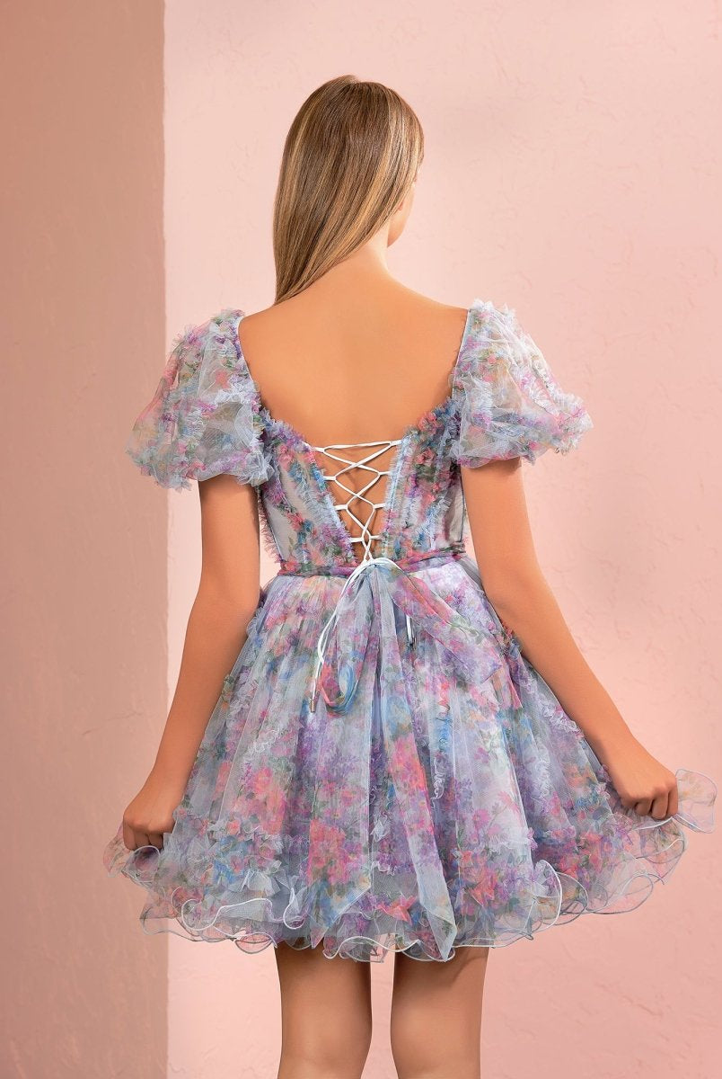 Ivana | Sky Blue A Line Off the Shoulder Printed Homecoming Dress