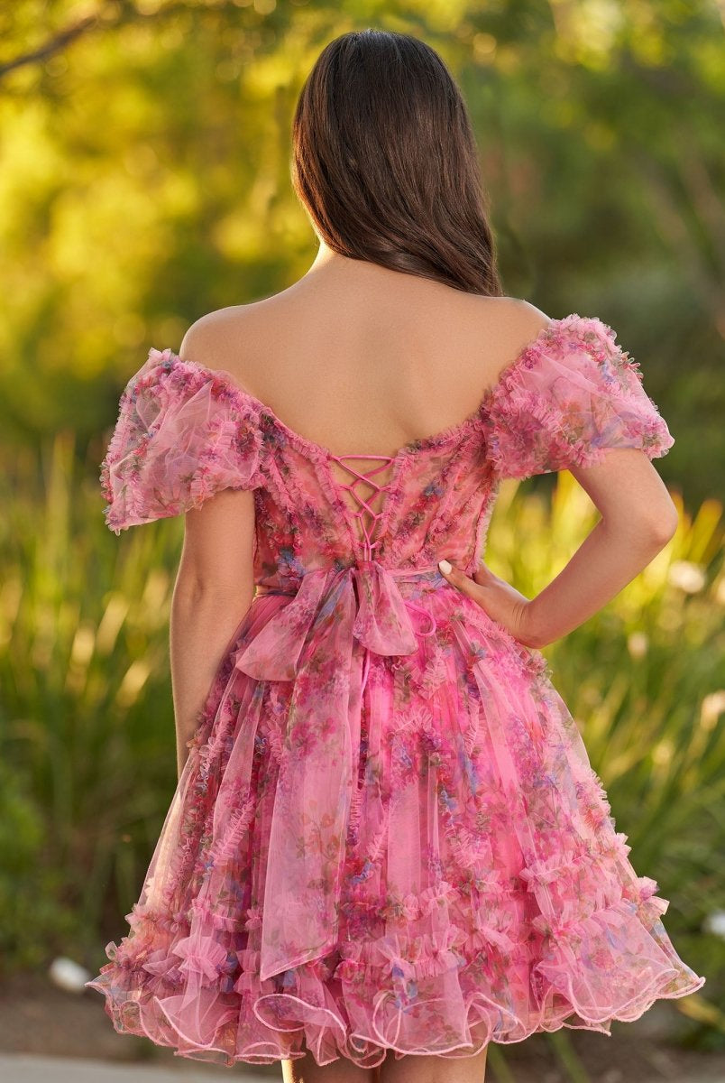 Ivana | Pink A Line Off the Shoulder Printed Homecoming Dress