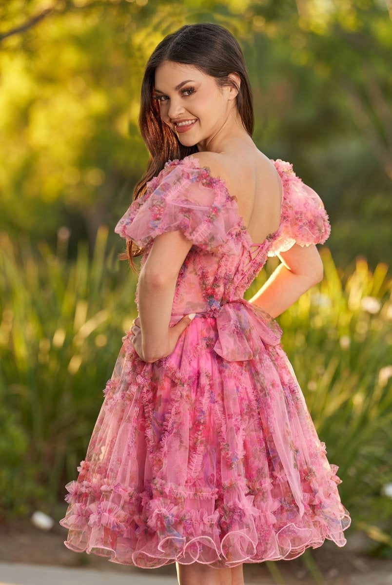 Ivana | Pink A Line Off the Shoulder Printed Homecoming Dress